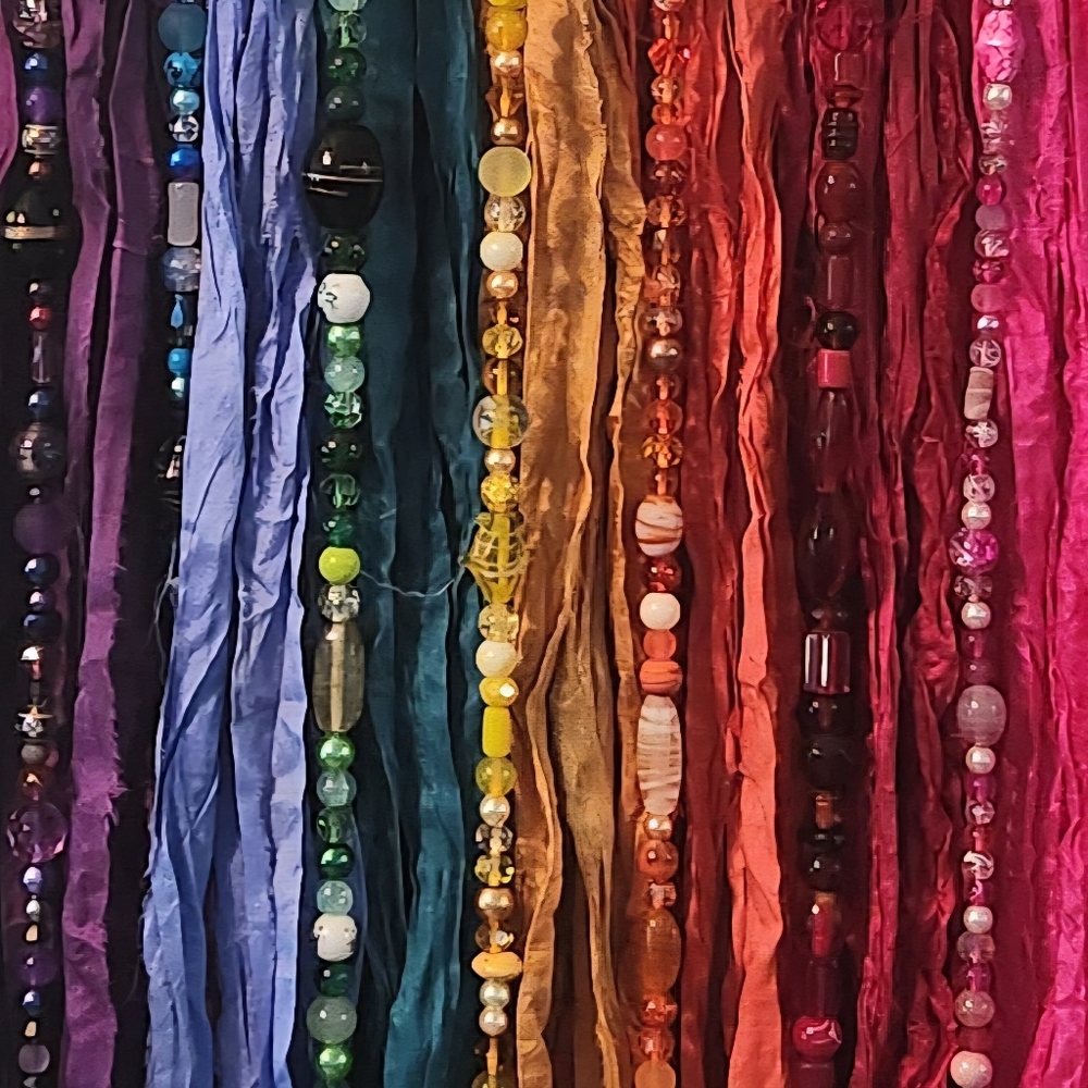 Boho Sari Silk Ribbon and Glass Bead Wall Hanging - Picture 2 of 5